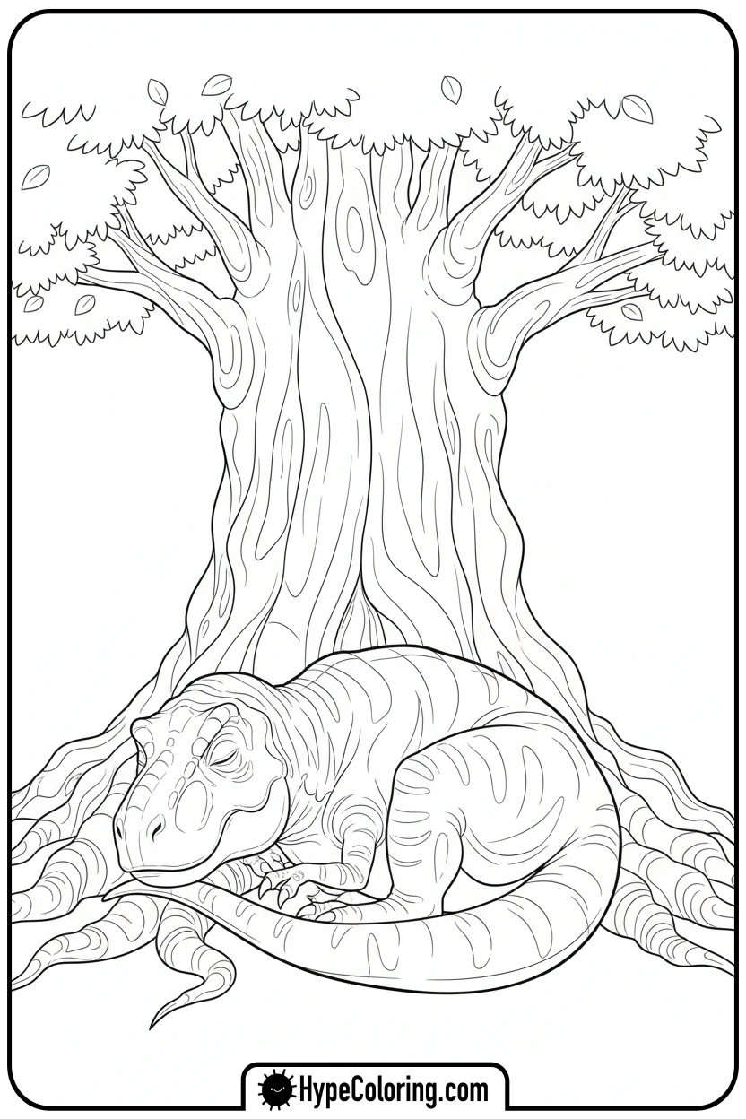 sleeping-t-rex-under-tree - tyrannosaurus rex coloring page