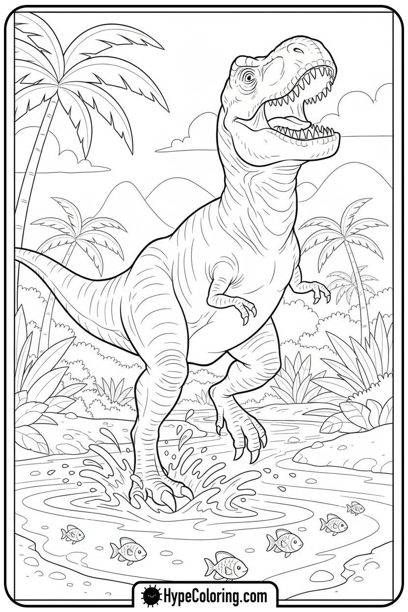 t-rex-splashing-in-river - tyrannosaurus rex coloring page