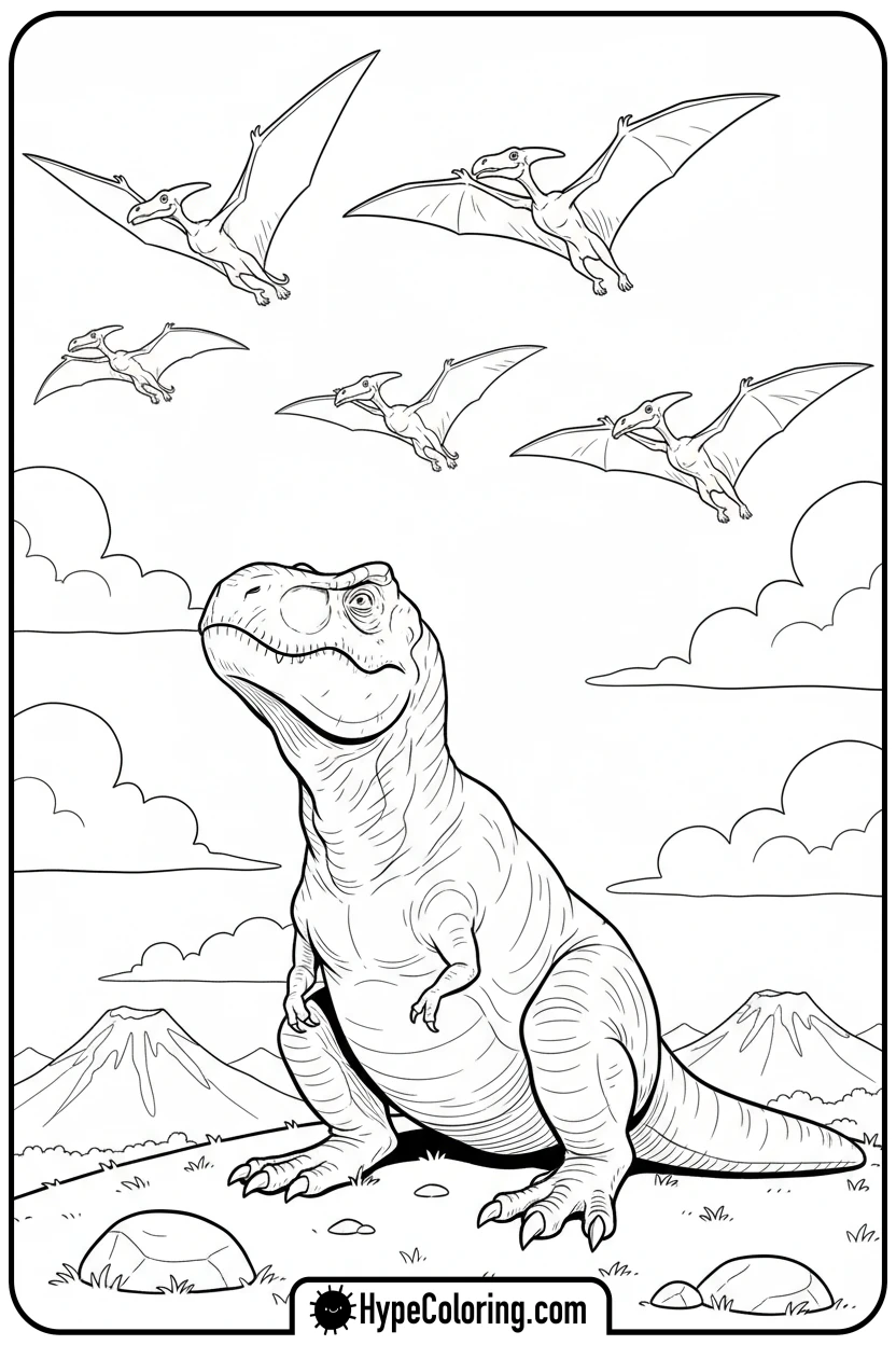 t-rex-watching-pterodactyls - tyrannosaurus rex coloring page