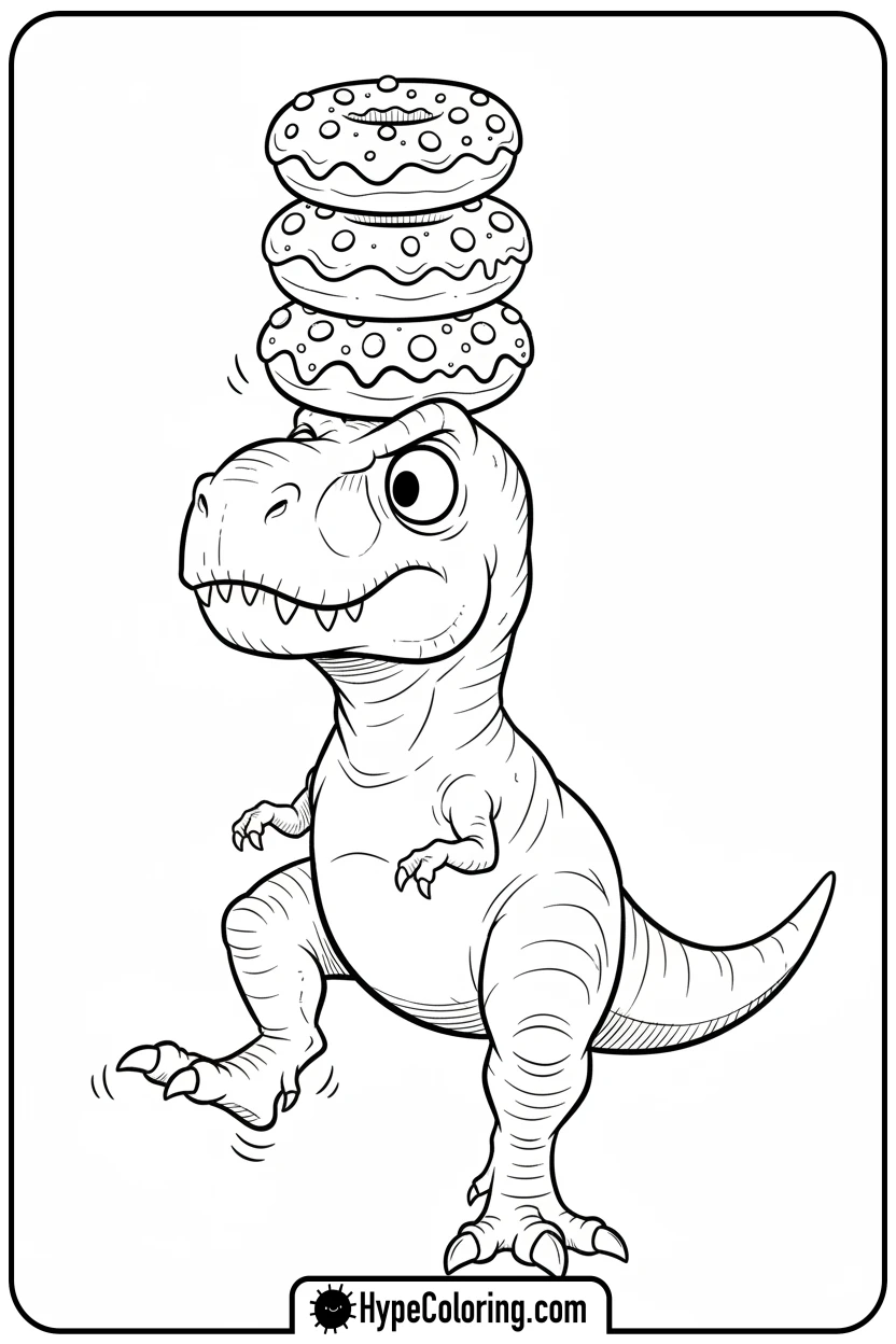 t-rex-balancing-donuts - tyrannosaurus rex coloring page