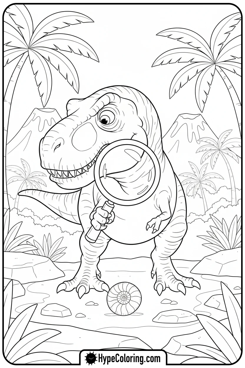 t-rex-examining-fossil - tyrannosaurus rex coloring page