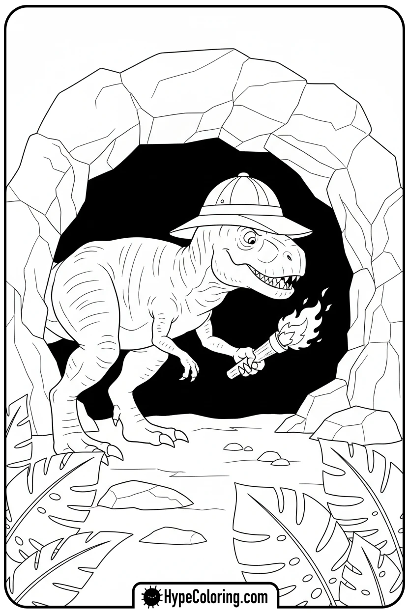 explorer-t-rex-in-cave - tyrannosaurus rex coloring page