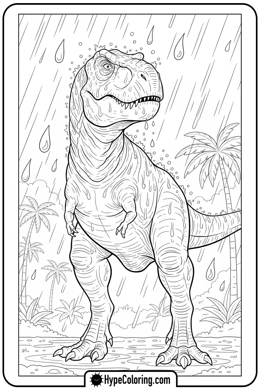 t-rex-in-rain - tyrannosaurus rex coloring page