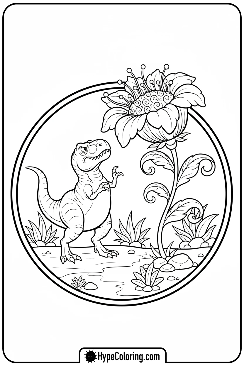 t-rex-picking-flower - tyrannosaurus rex coloring page