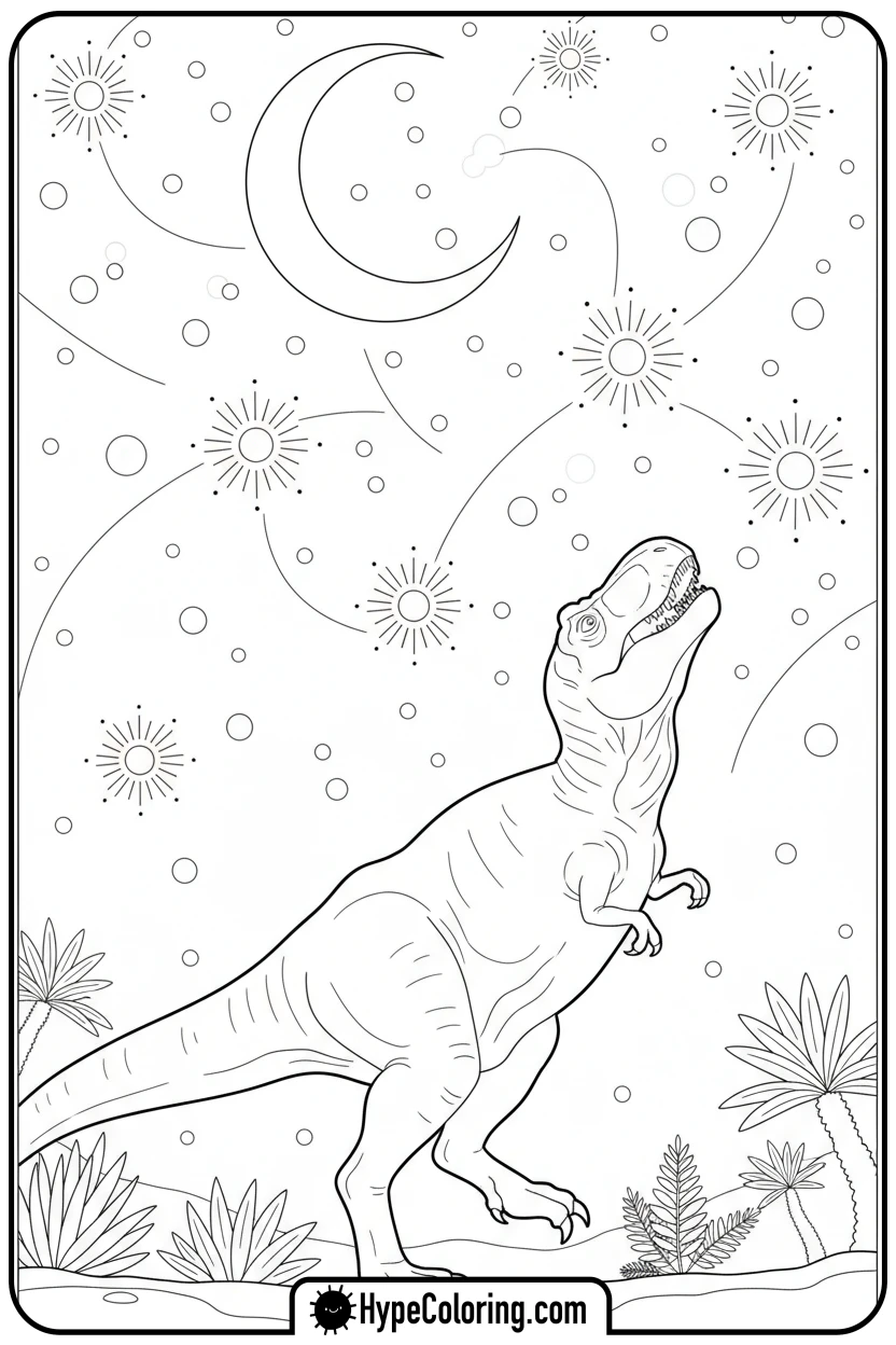 t-rex-under-starry-sky - tyrannosaurus rex coloring page