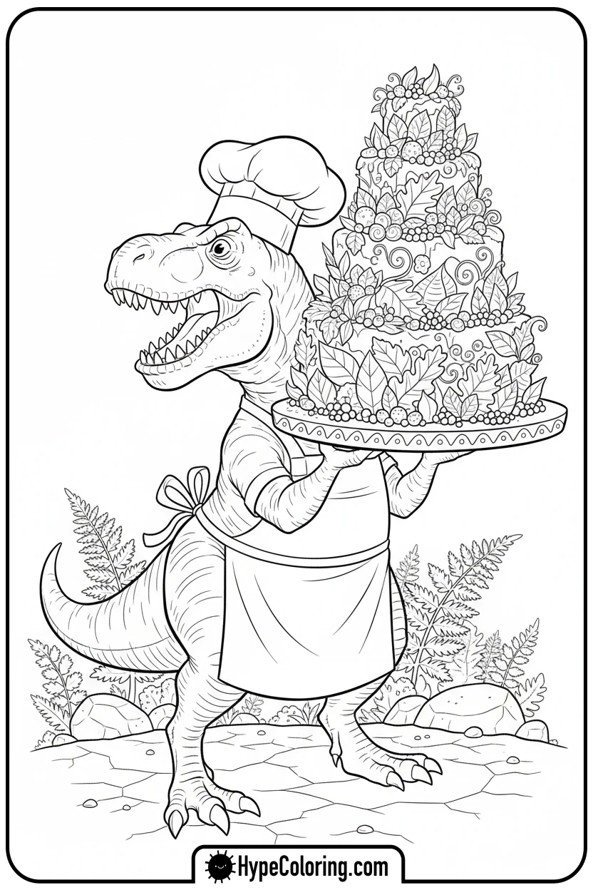 chef-t-rex-with-cake - tyrannosaurus rex coloring page