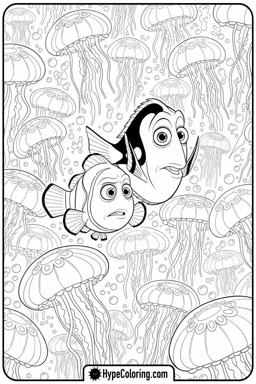 marlin-dory-in-jellyfish-field - finding nemo color pages