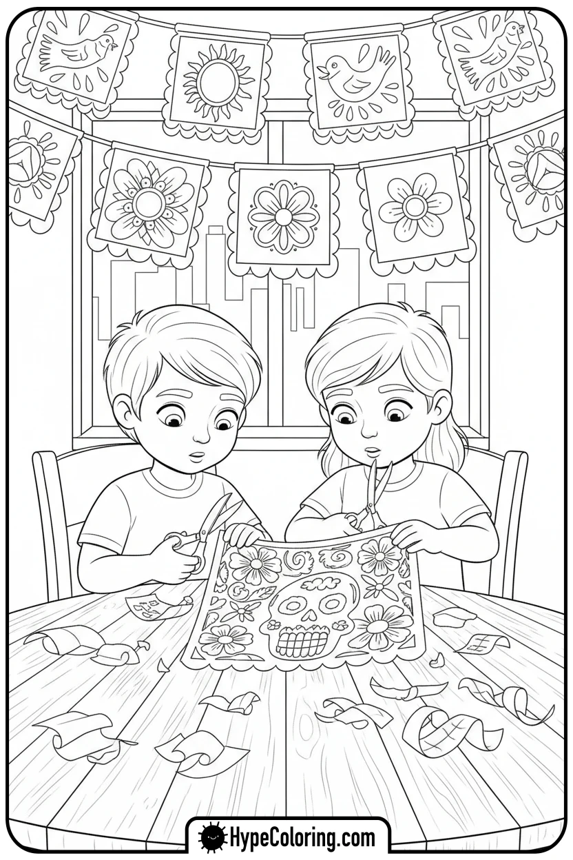 children-making-papel-picado - hispanic heritage month coloring pages