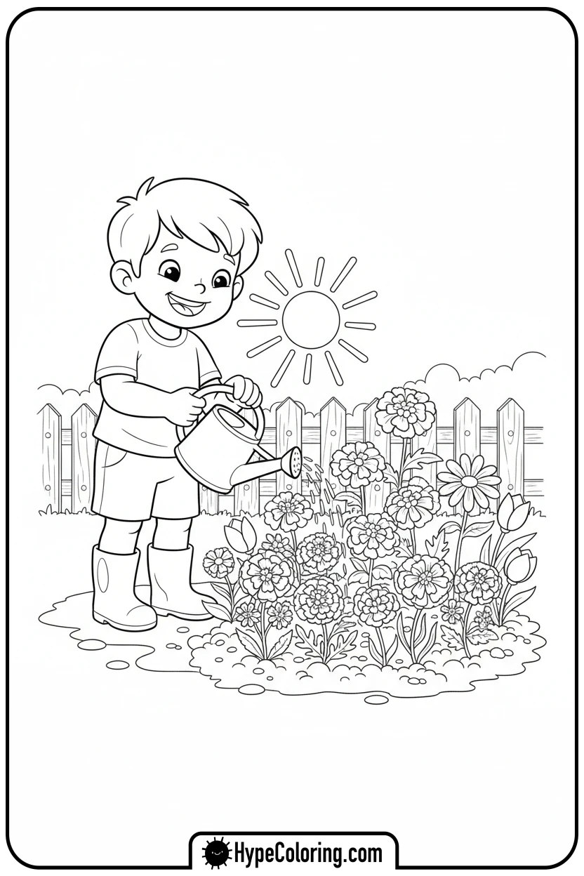 child-watering-marigolds - hispanic heritage month coloring pages