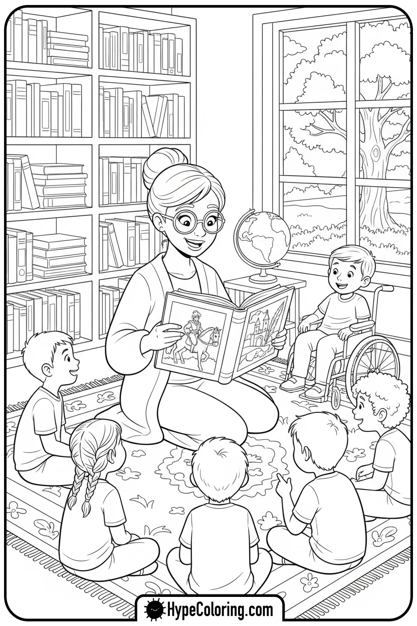 librarian-reading-to-kids - hispanic heritage month coloring pages
