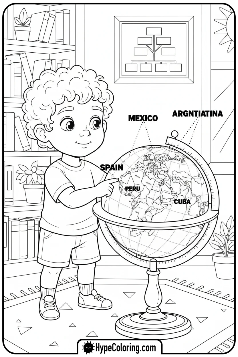 child-pointing-to-globe - hispanic heritage month coloring pages