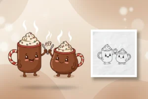 three-different-sized-mugs-of-hot - hot chocolate coloring page