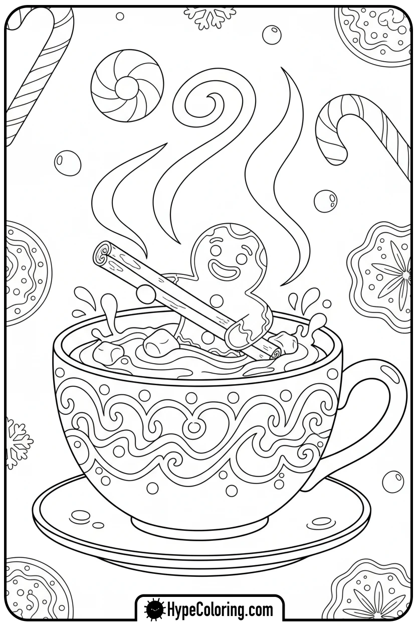 gingerbread-man-in-hot-chocolate - hot chocolate coloring page