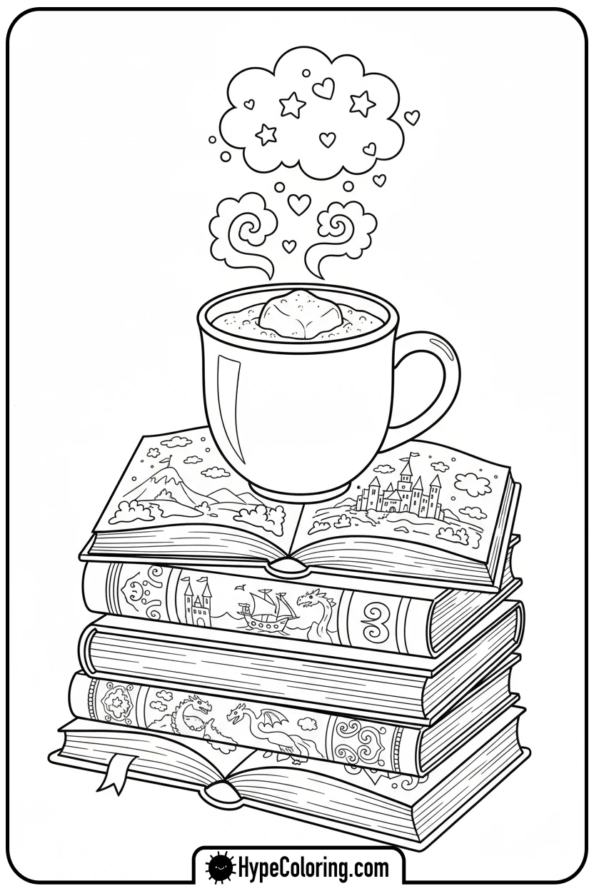 hot-chocolate-on-books - hot chocolate coloring page