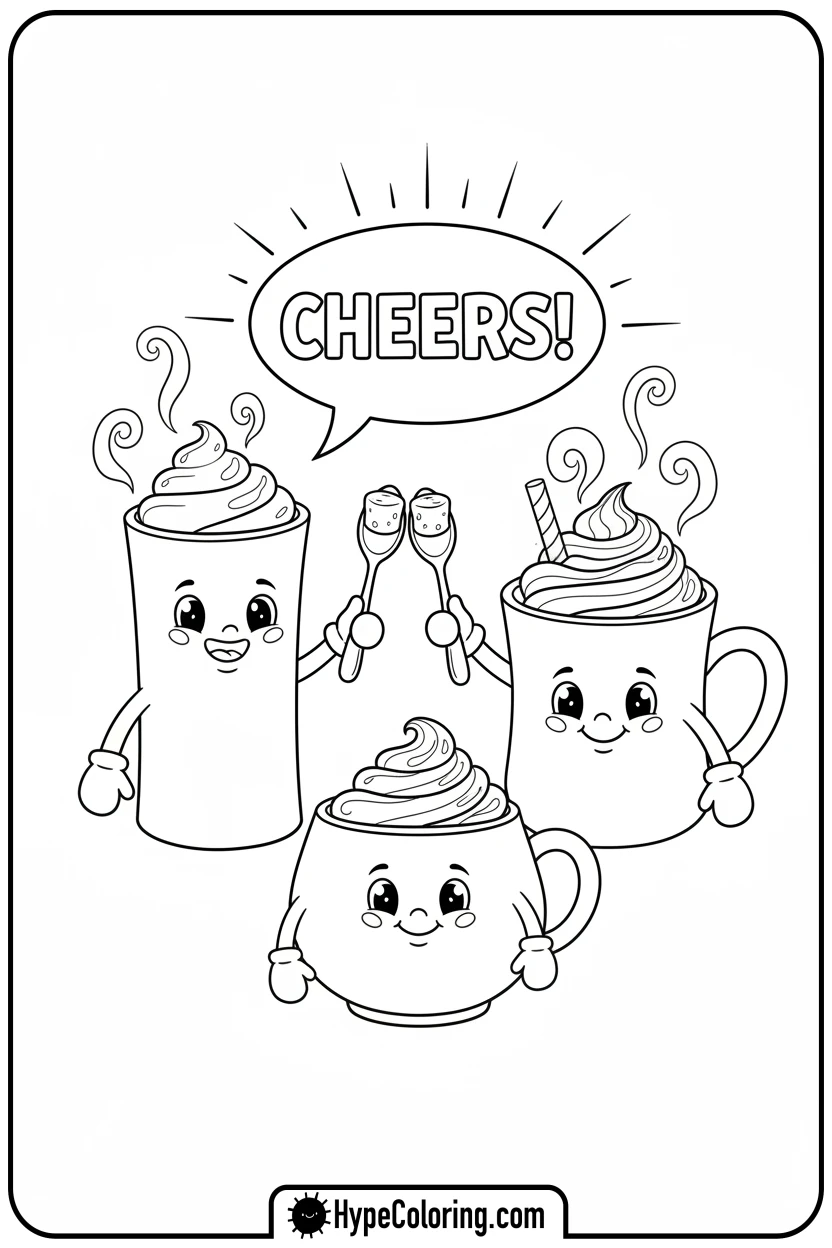 three-hot-chocolate-mugs-toasting - hot chocolate coloring page