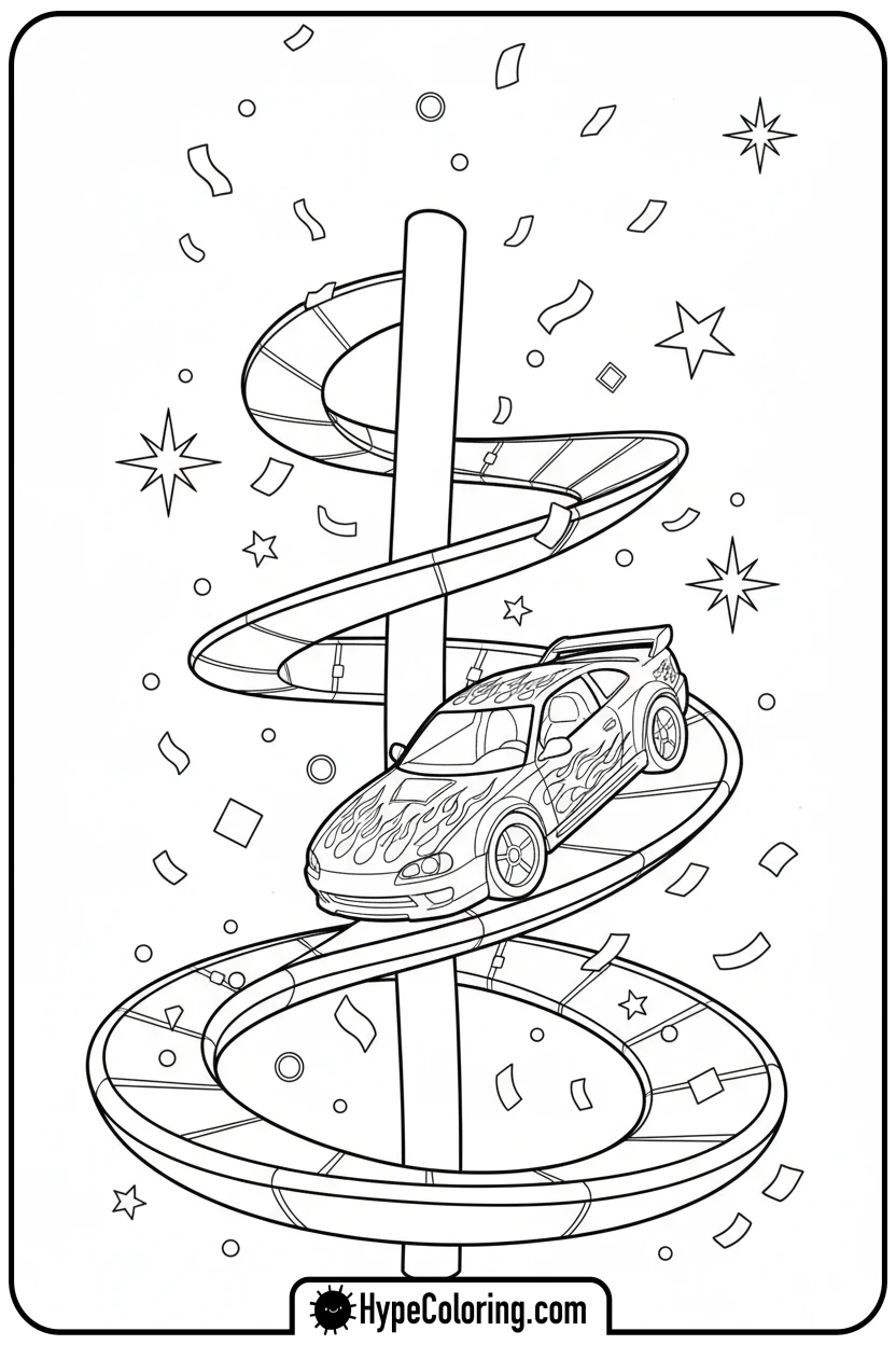green-hot-wheels-car-on-corkscrew-track - hot wheels color pages