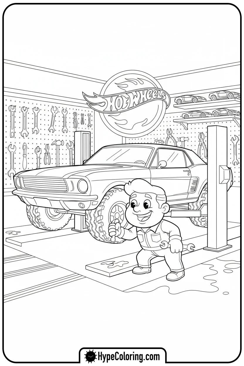 hot-wheels-car-in-garage-with-mechanic - hot wheels color pages