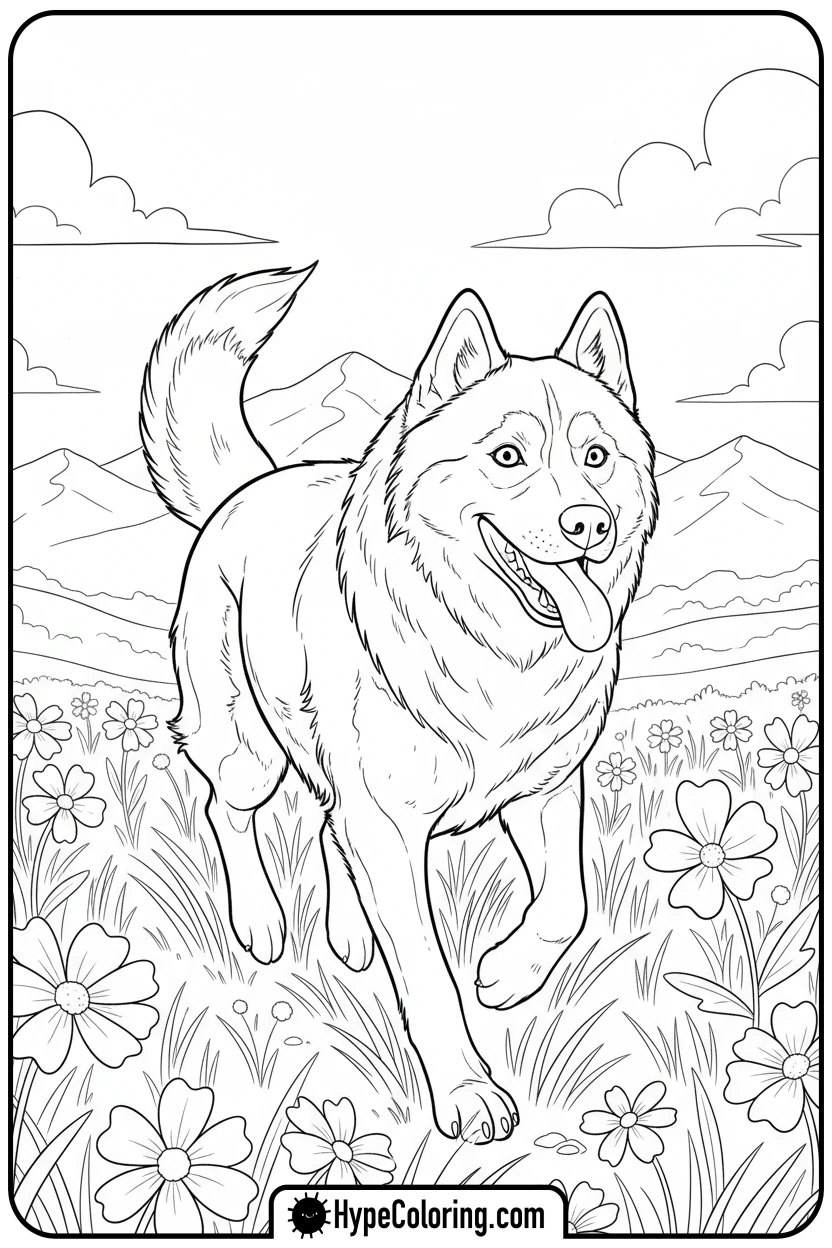 husky-running-through-flowers - husky dog coloring pages