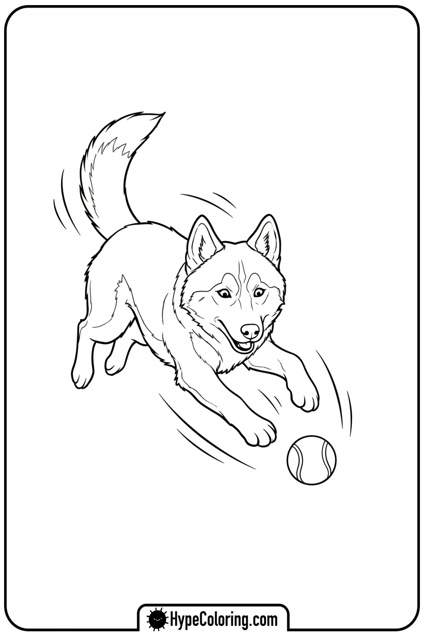 husky-playing-fetch - husky dog coloring pages