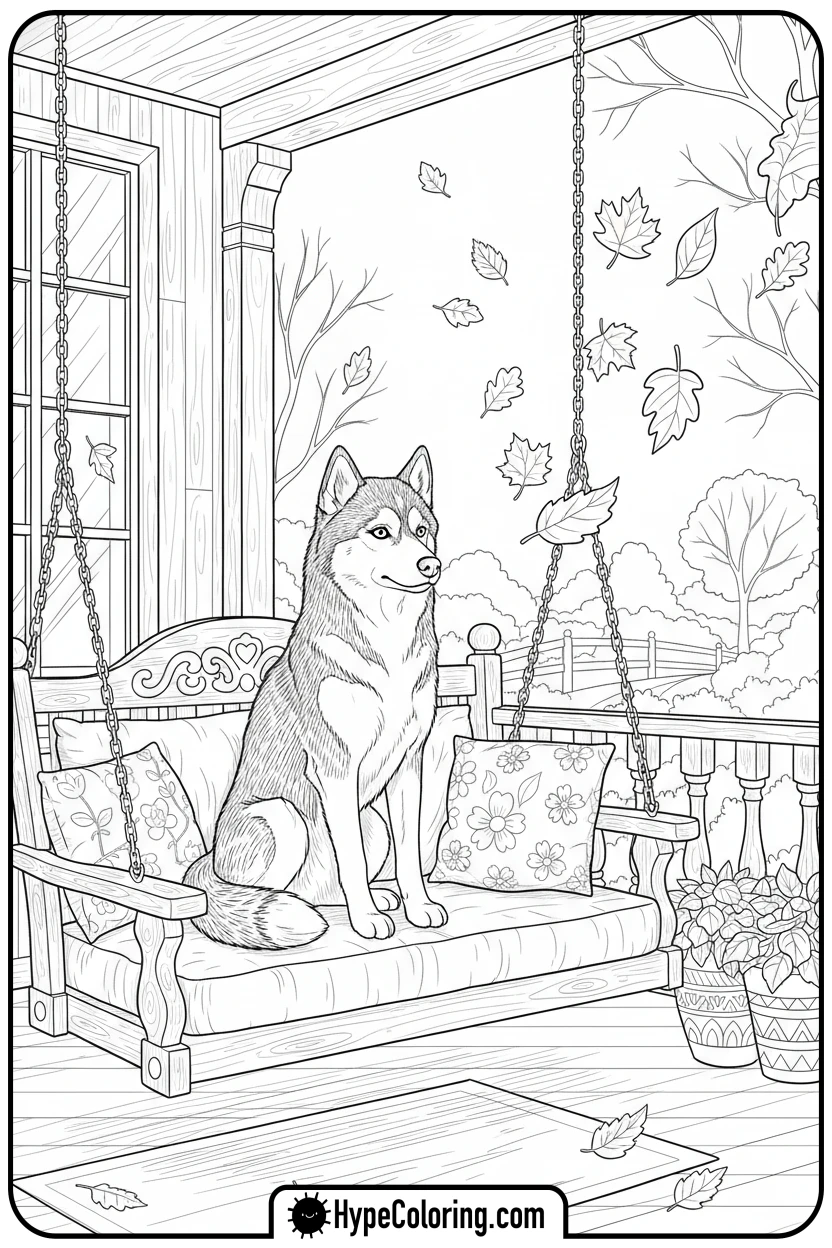 husky-on-porch-swing - husky dog coloring pages