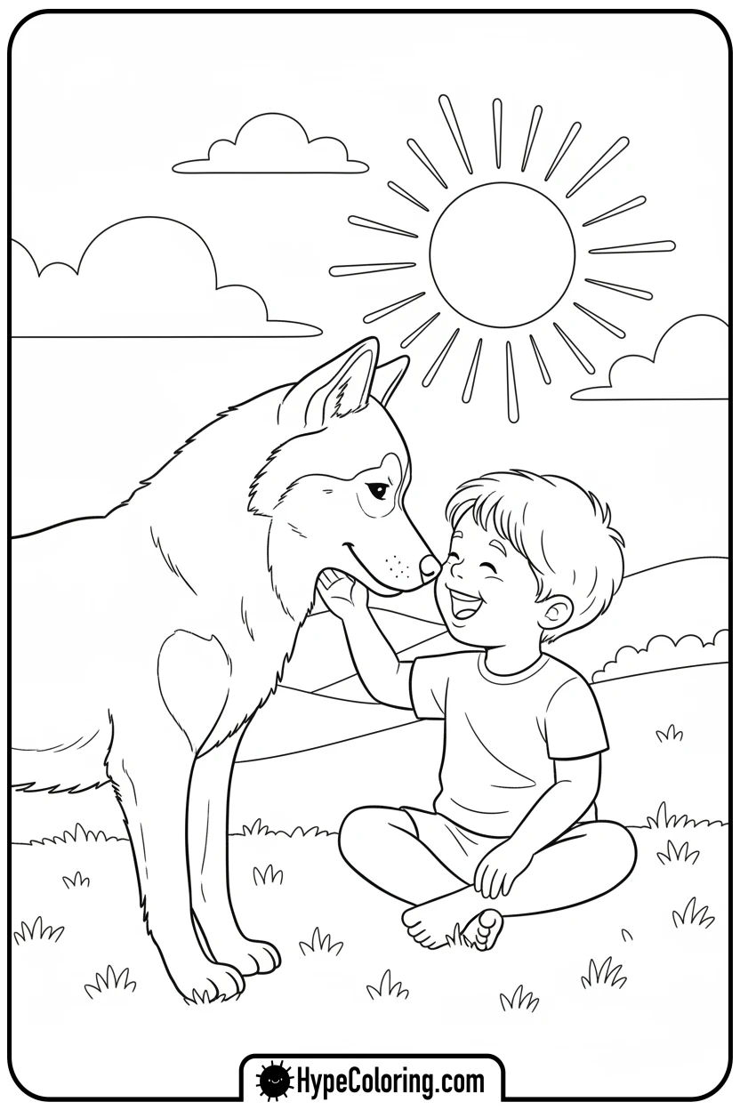 husky-nuzzling-child - husky dog coloring pages