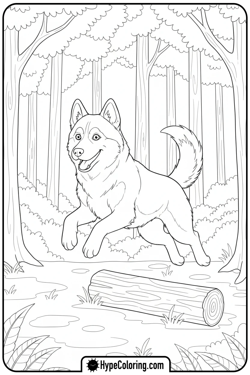 husky-jumping-over-log - husky dog coloring pages