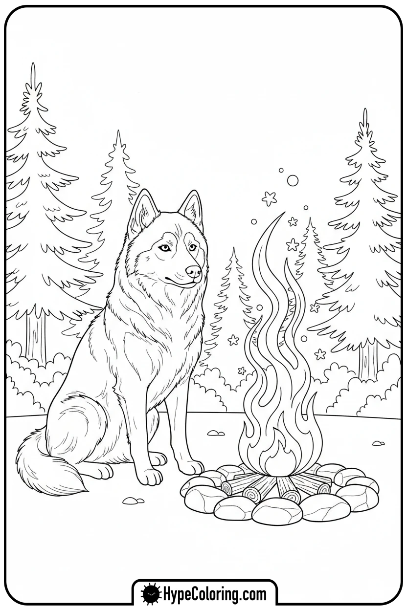 husky-by-campfire - husky dog coloring pages