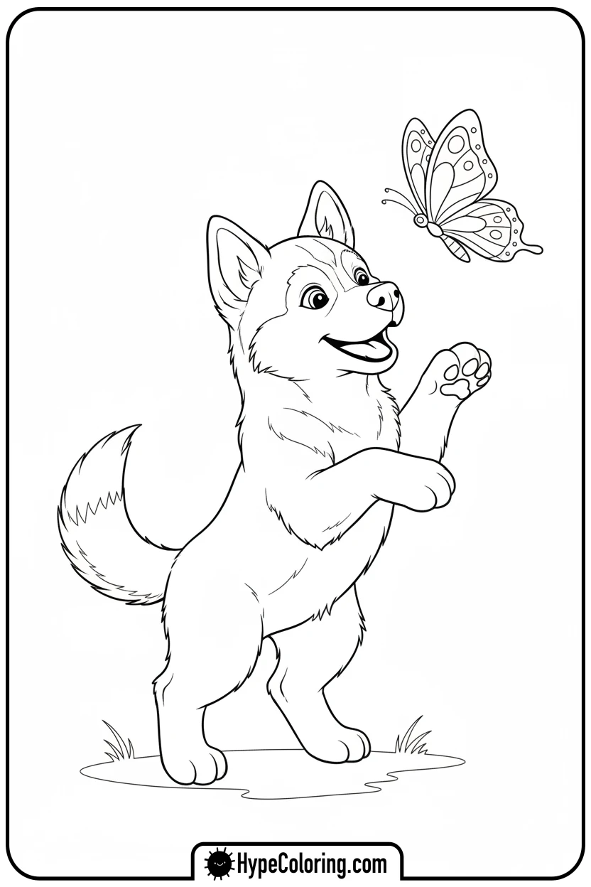 husky-chasing-butterfly - husky dog coloring pages