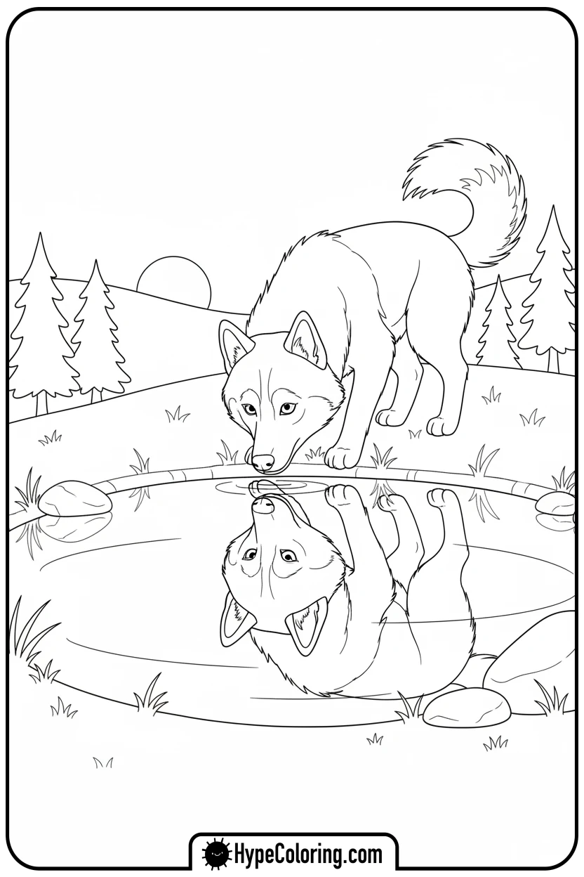 husky-seeing-reflection - husky dog coloring pages