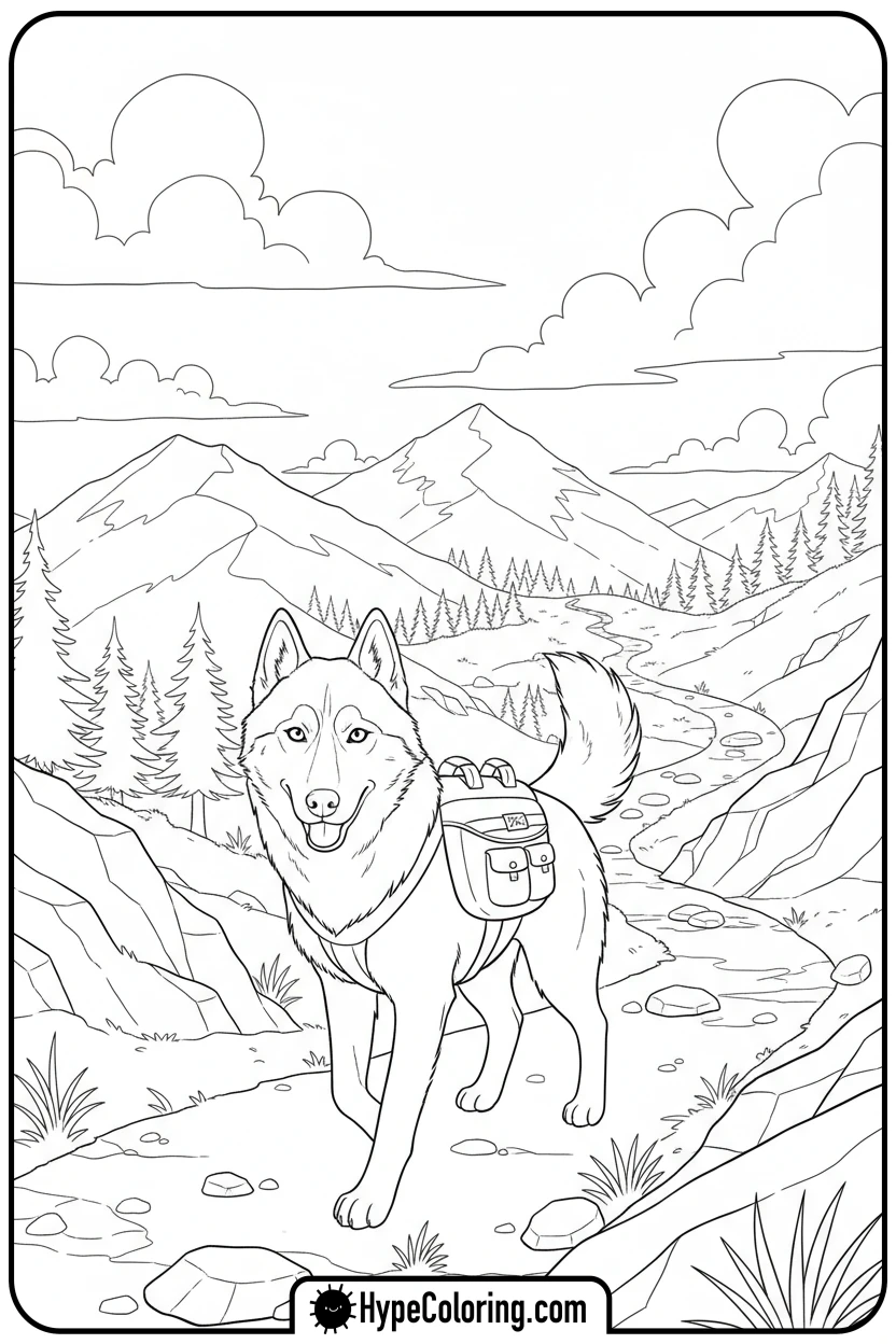 husky-hiking-with-backpack - husky dog coloring pages