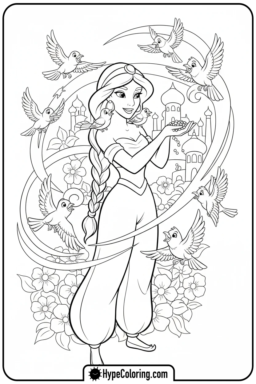 jasmine-feeding-birds - jasmine coloring page