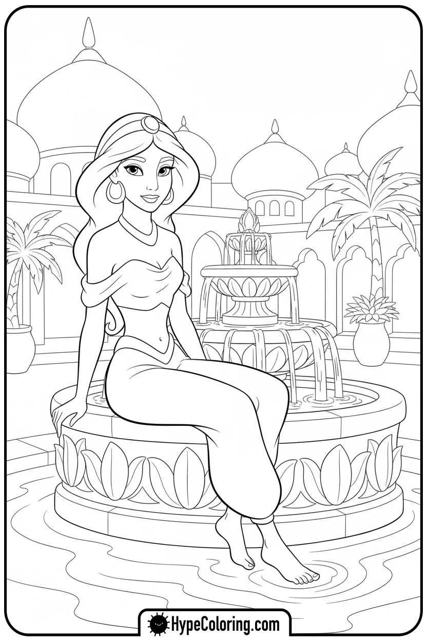 jasmine-dipping-feet-in-fountain - jasmine coloring page