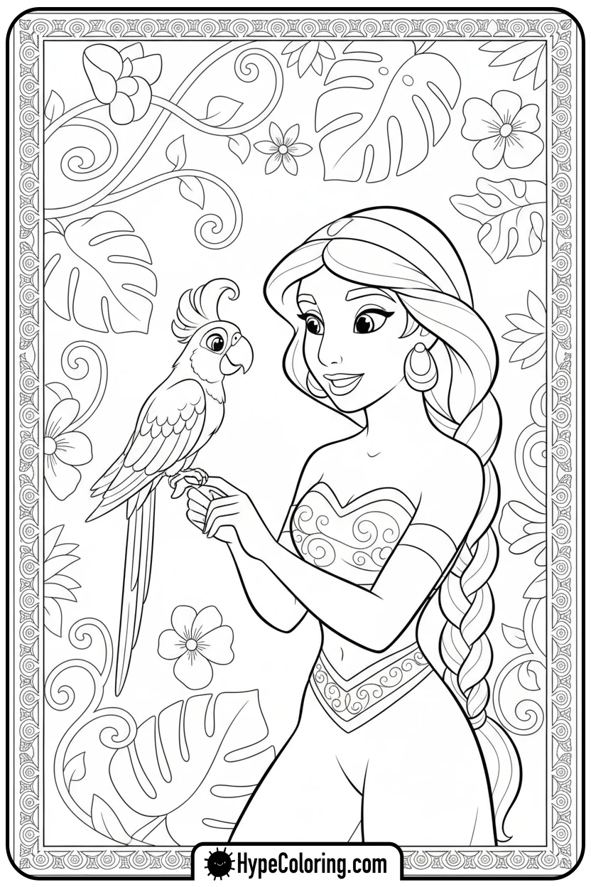 jasmine-with-a-pet-parrot - jasmine coloring page