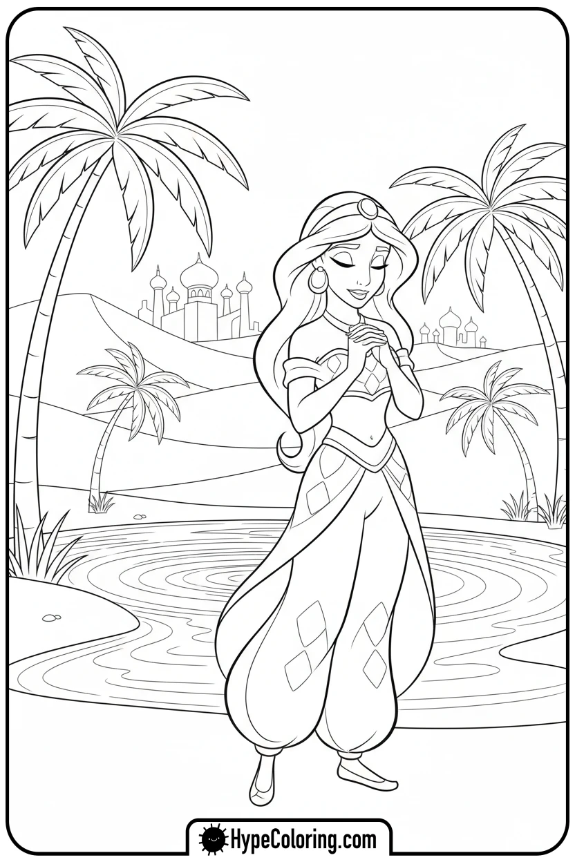 jasmine-making-a-wish-at-oasis - jasmine coloring page