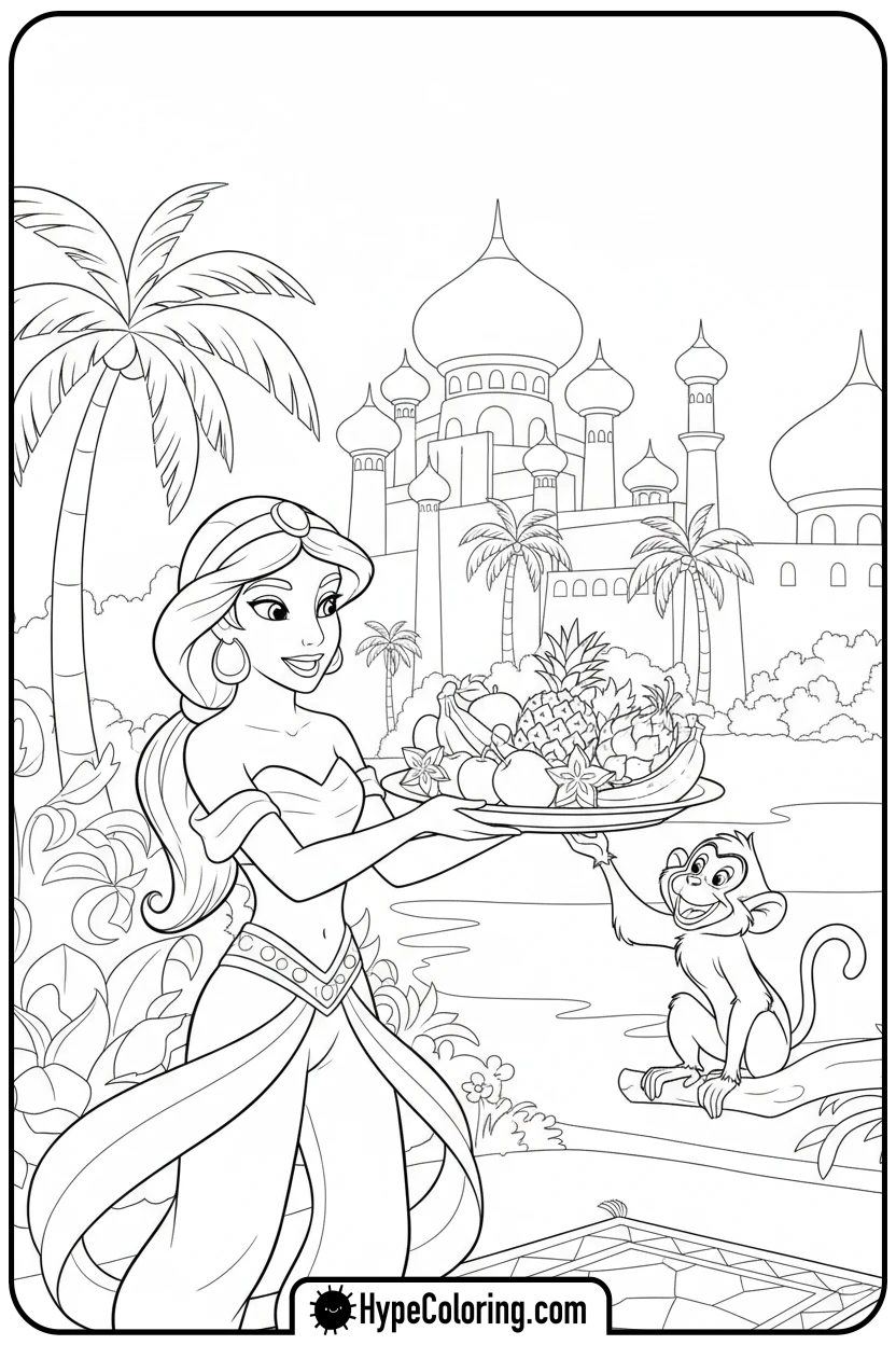 jasmine-sharing-fruit-with-monkey - jasmine coloring page