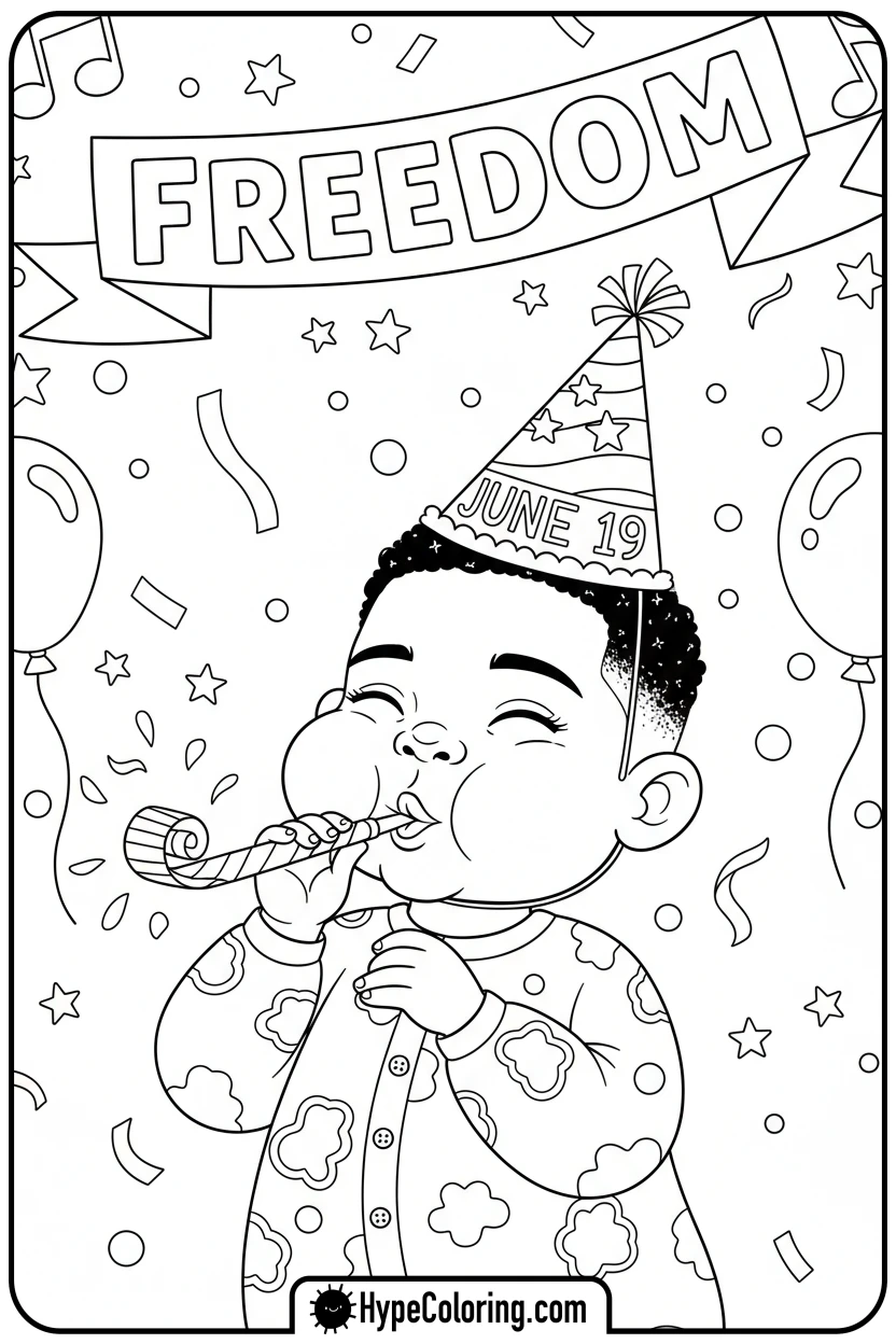 child-celebrating-with-noisemaker - juneteenth coloring pages