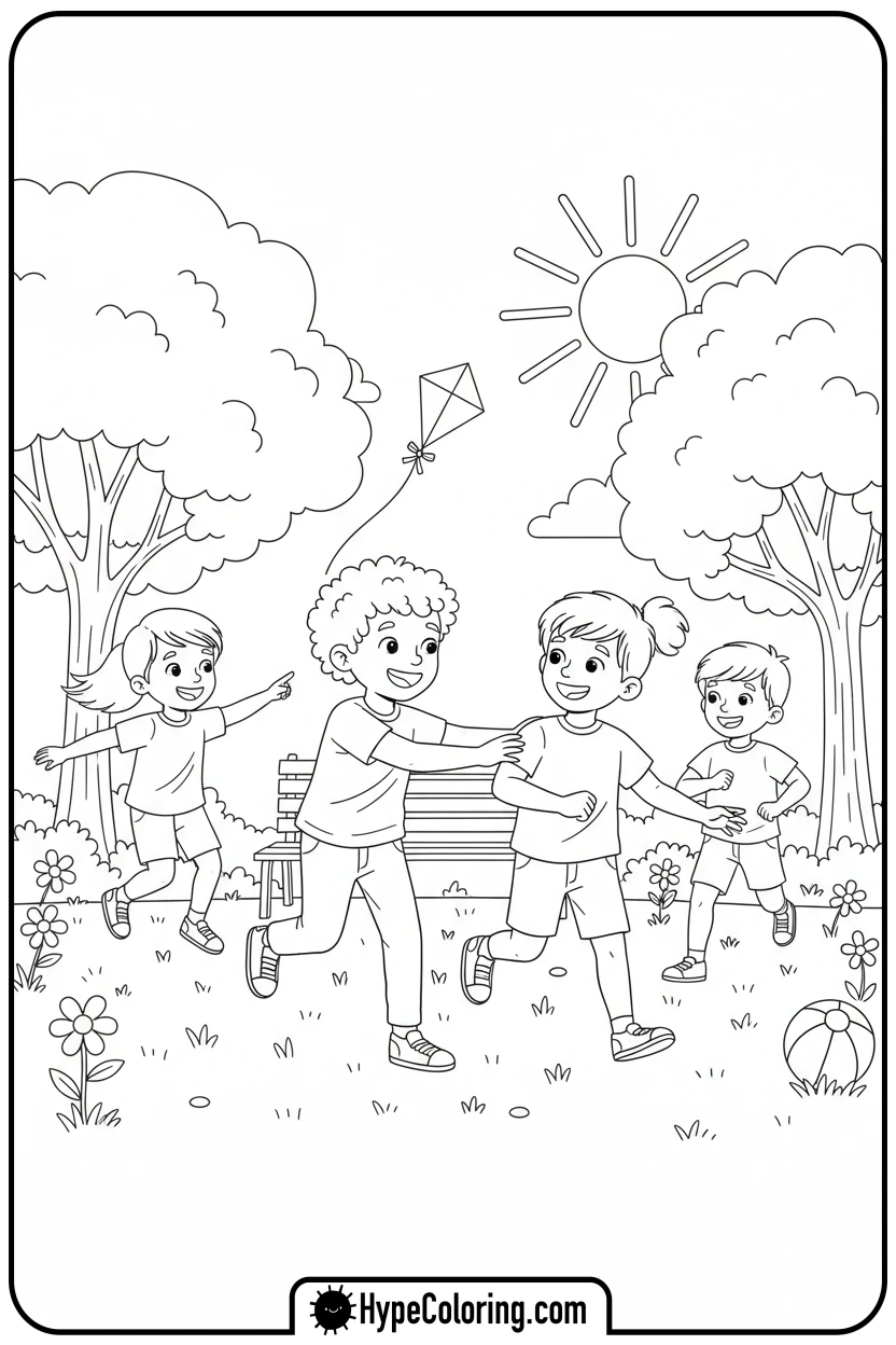 children-playing-tag-in-park - juneteenth coloring pages