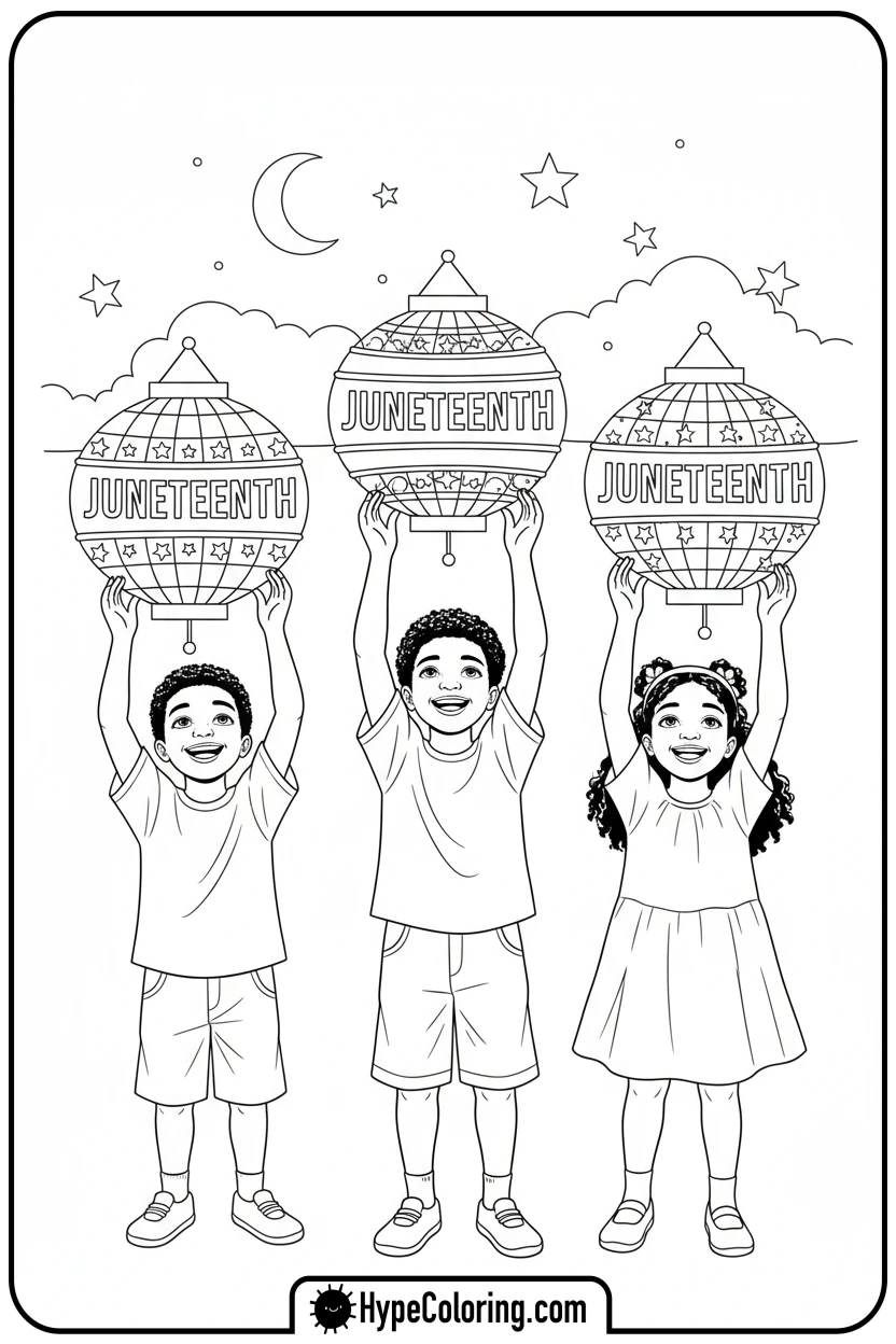 children-holding-paper-lanterns - juneteenth coloring pages