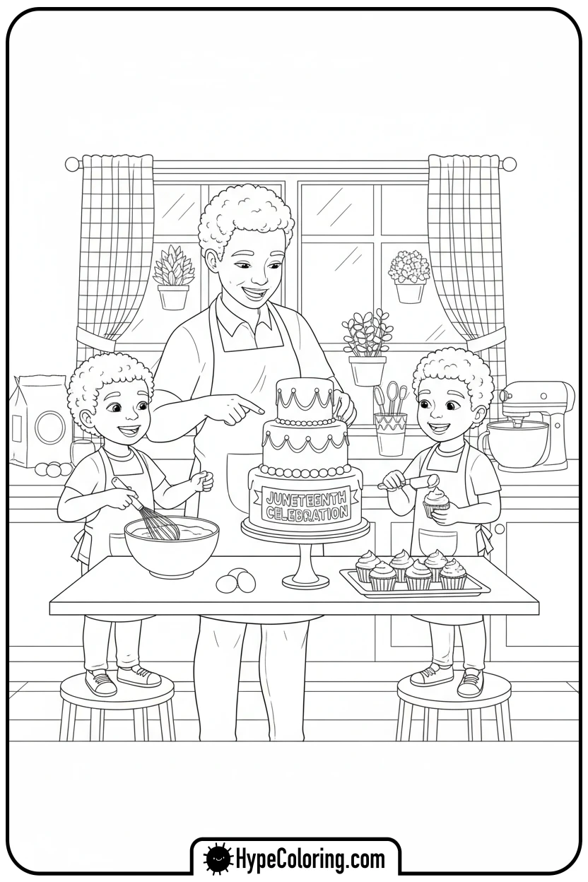 children-helping-bake-cake - juneteenth coloring pages