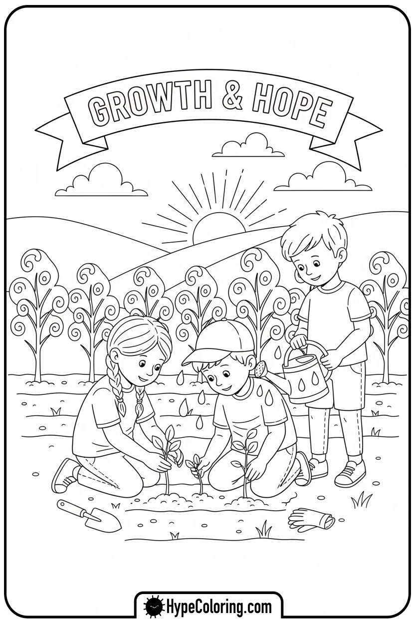 children-planting-trees - juneteenth coloring pages