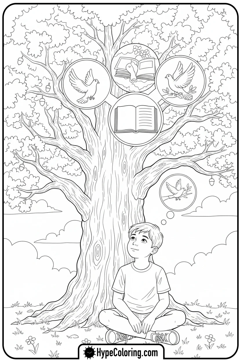 child-dreaming-under-tree - juneteenth coloring pages