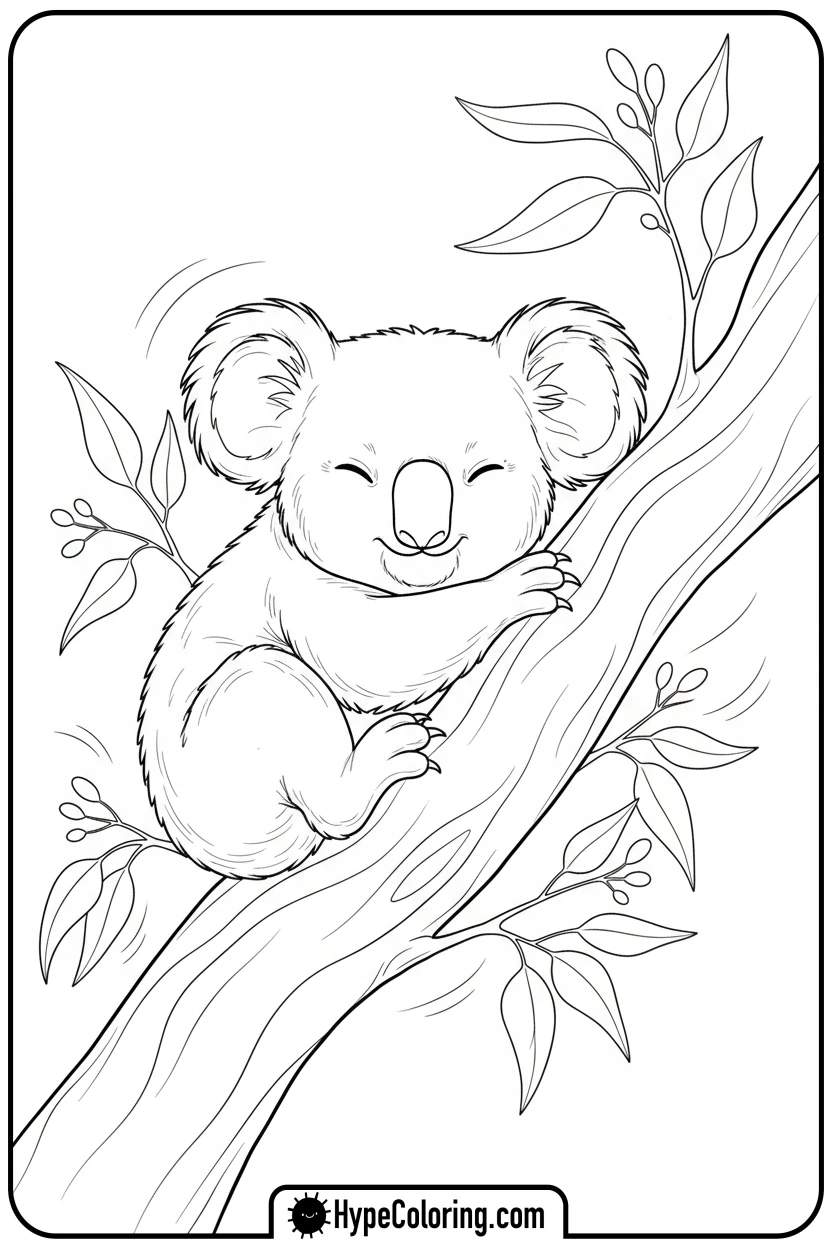 koala-sleeping-in-tree - koala bear coloring page