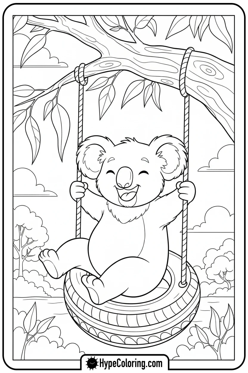 koala-on-tire-swing - koala bear coloring page