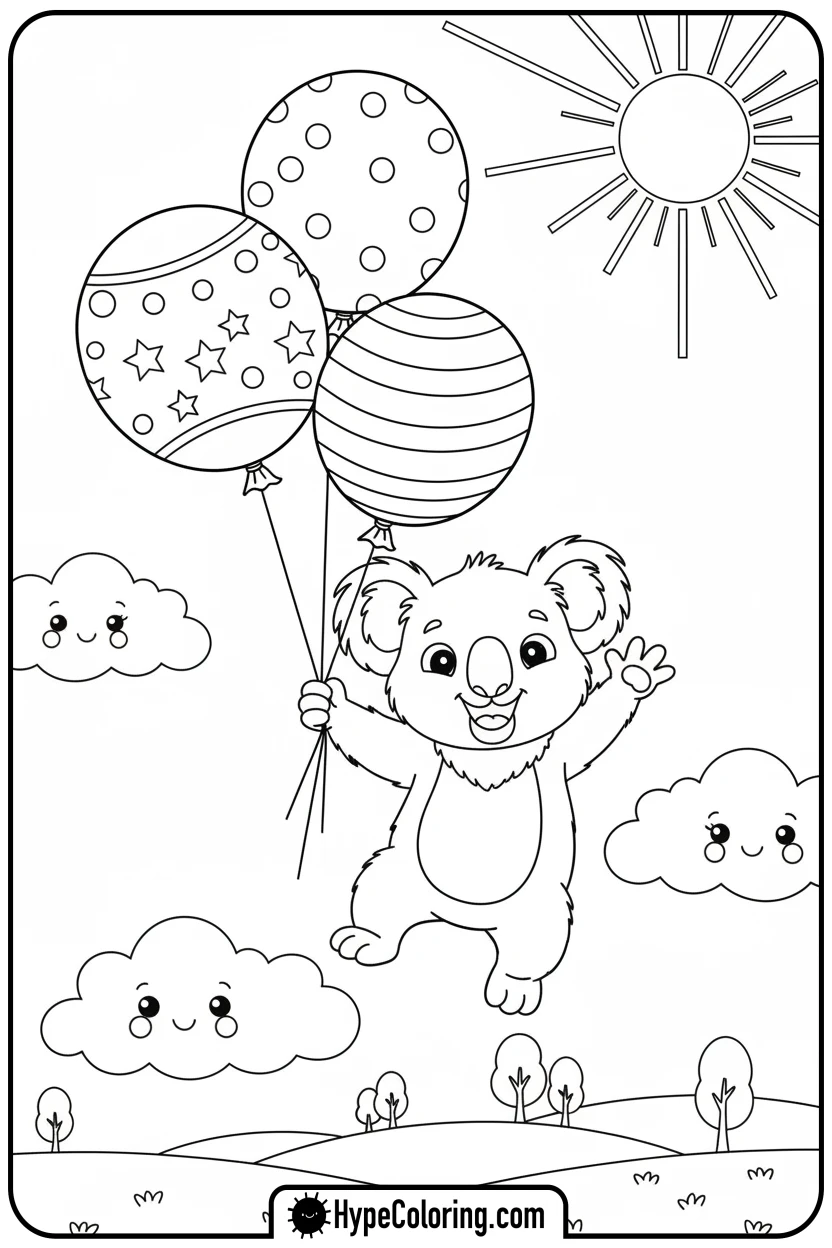 koala-with-balloons - koala bear coloring page