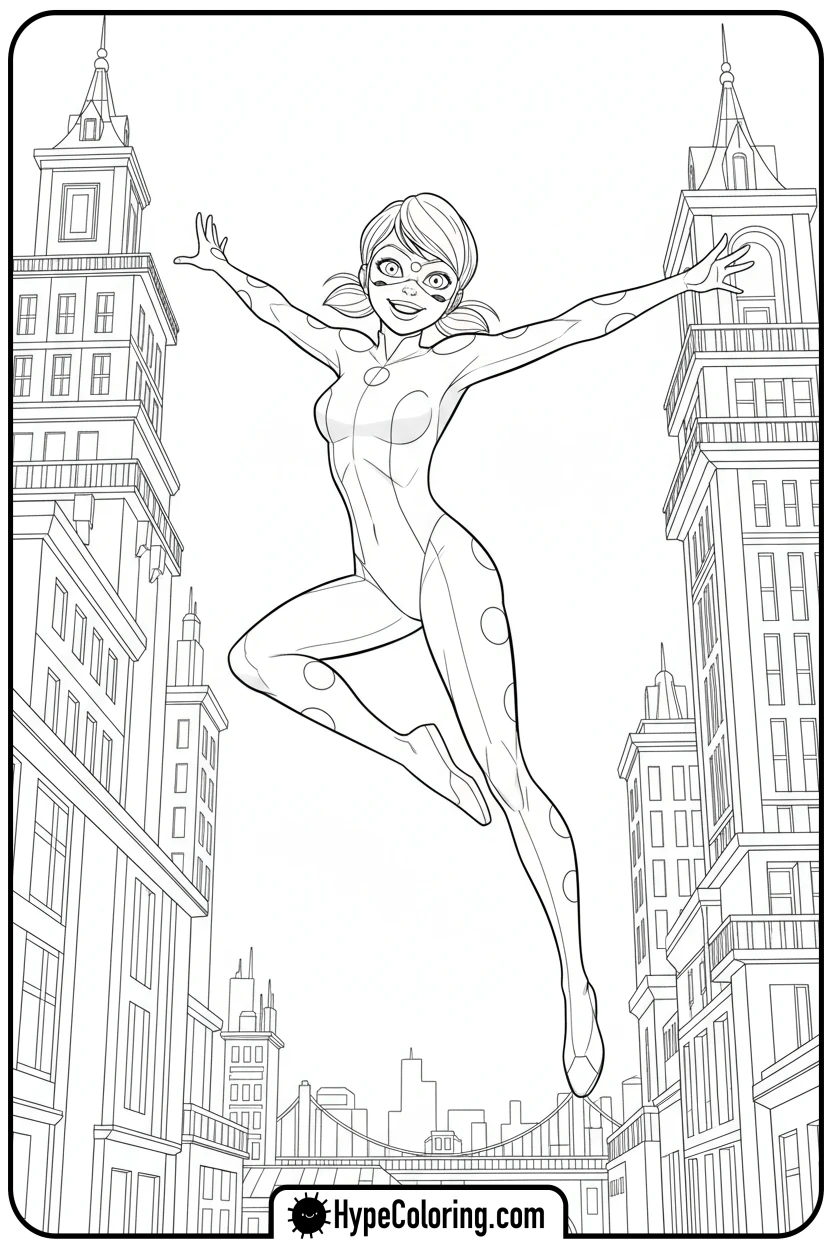 ladybug-leaping-between-buildings - ladybug miraculous coloring pages