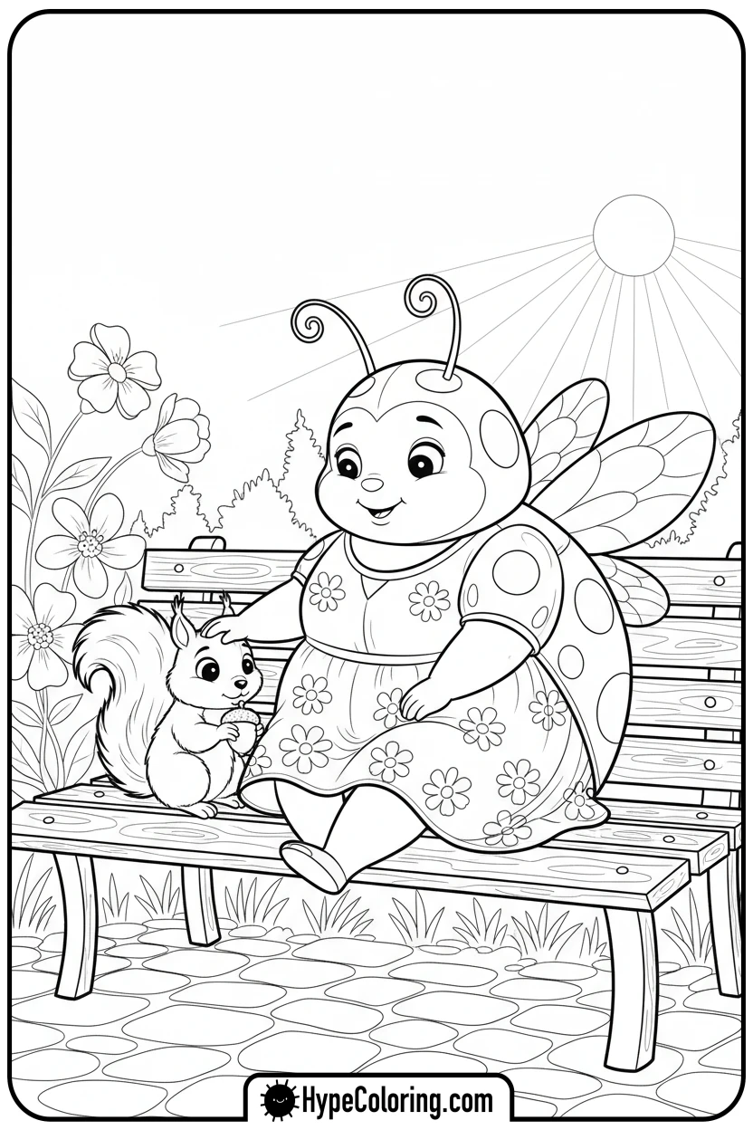 ladybug-petting-squirrel-on-bench - ladybug miraculous coloring pages