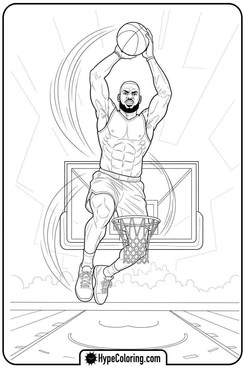 Click to download PDF lebron-dunking-a-basketball - lebron james coloring page