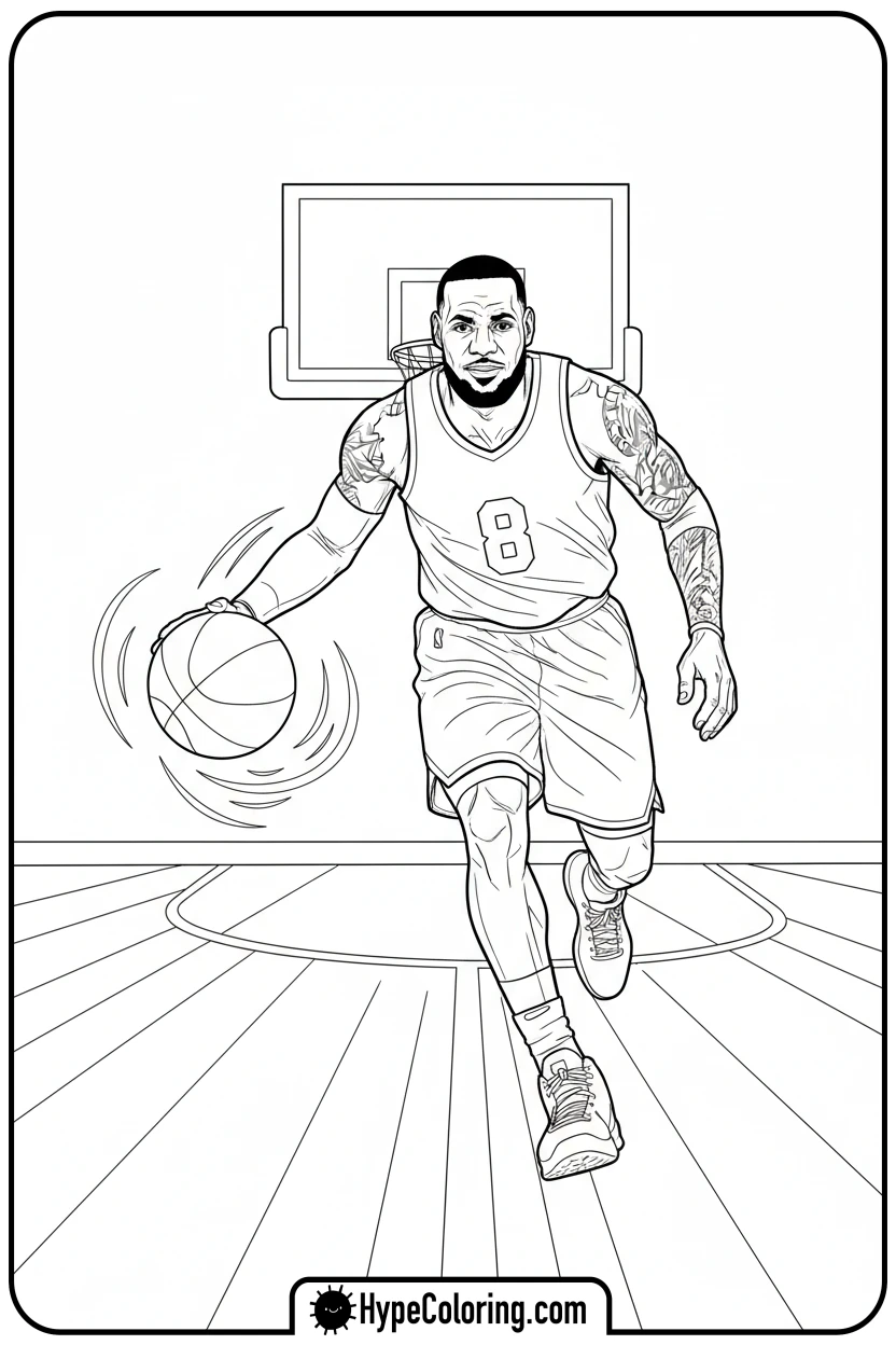 Click to download PDF lebron-dribbling-basketball - lebron james coloring page