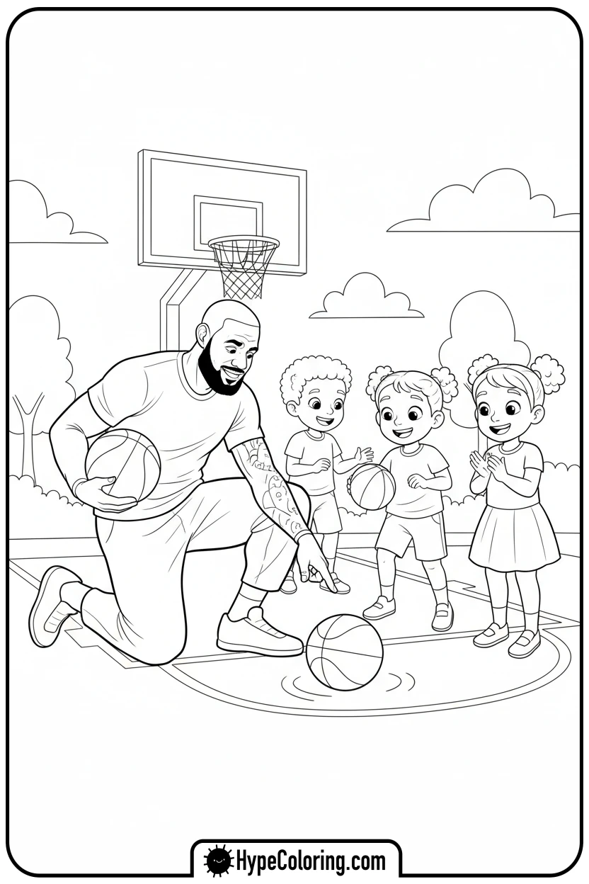 Click to download PDF lebron-teaching-kids-basketball - lebron james coloring page