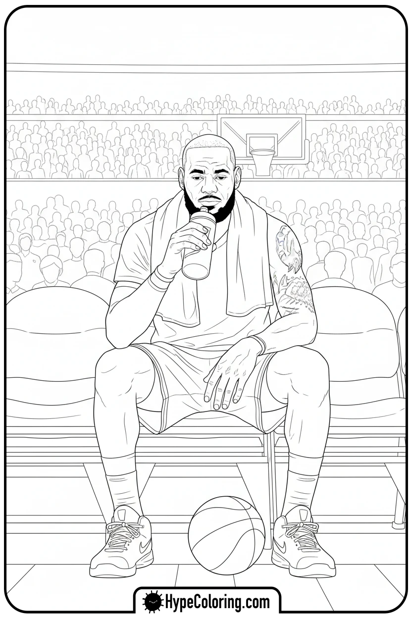 Click to download PDF lebron-on-bench-with-water - lebron james coloring page